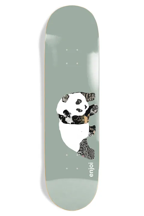 Enjoi Collage Panda R7 skateboard deck: A panda made of collaged black and white photographic and pattern cut-outs on a sage grey-green deck. The enjoi name runs up the tail in small white lettering.