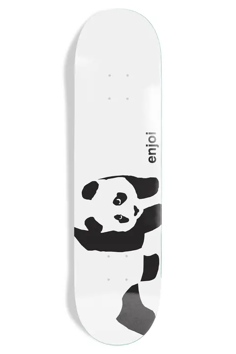 Enjoi Whitey Panda R7 skateboard deck: The Enjoi panda, drawn in black on a plain white deck, peeking in from the side with one raised arm. The word enjoi is printed vertically in black above it.
