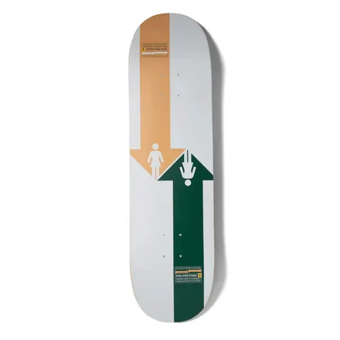 Girl Mccrank Dual Directional Twin skateboard deck: A pale grey deck with an orange arrow pointing down and a green arrow pointing up, each containing a white Girl logo figure (one upside down), plus small Dual Directional warning labels at each end.