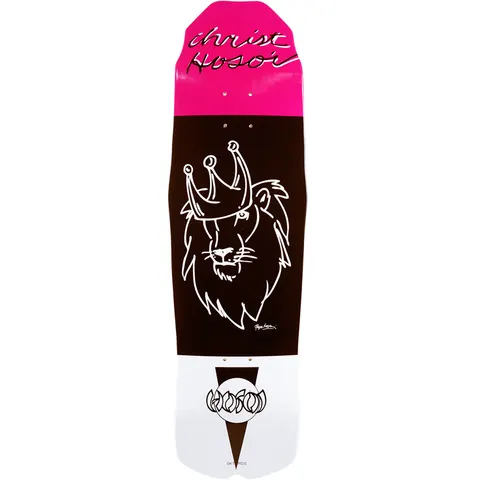 Hosoi Crown skateboard deck: White line drawing of a lion's head wearing a crown on a black middle section, with a pink nose carrying script lettering and a white tail with a black wedge and the Hosoi logo.