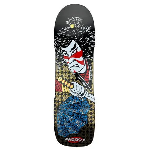 Hosoi Lonny Hiramoto Samurai skateboard deck: A kabuki-style samurai with wild black hair, red face paint and a grim expression grips a sword hilt, with a blue folded fan below, over a gold diamond-lattice pattern on black.