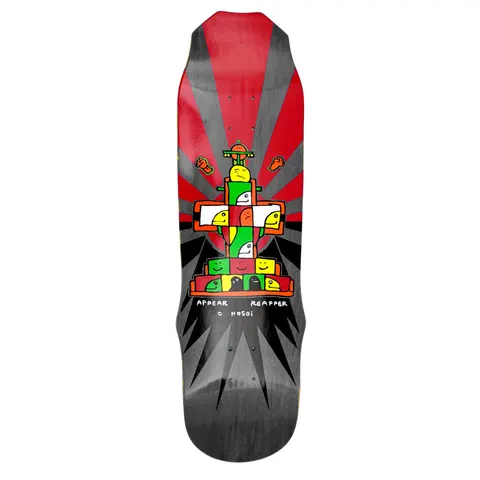 Hosoi Mark Gonzales Gonz 93 skateboard deck: Naive, hand-drawn totem of stacked cartoon faces and blocks in red, green, yellow and white, topped by a small figure and flanked by raised fists, over a red and grey sunburst of rays. Handwritten caption below.