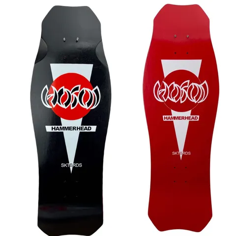 Hosoi O.G. Hammerhead Double Take Red Black skateboard deck: Hammerhead-shaped deck shown in black and red versions, each with a white downward-pointing triangle, white outlined Hosoi logo over a red circle on the black one, and Hammerhead and SKTBRDS text.