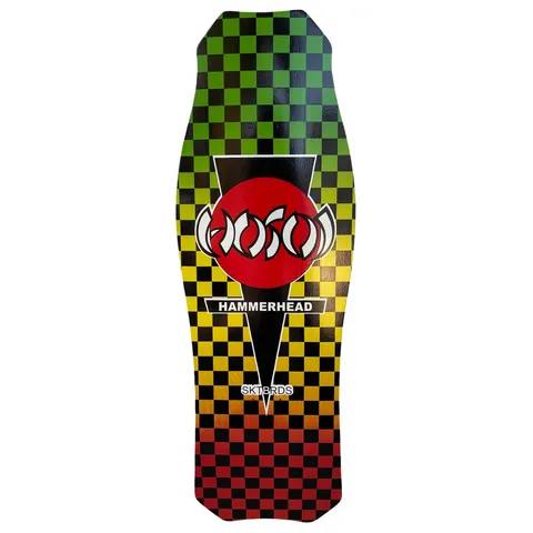 Hosoi O.G. Hammerhead Rasta Checkerboard skateboard deck: Old-school shaped deck with a checkerboard fading from green through yellow to red, with a black downward triangle carrying a red circle with the Hosoi logo, a 'Hammerhead' banner and 'SKTBRDS' below.