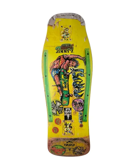 Hosoi Painted Air skateboard deck: A worn, used old-school shaped deck in yellow showing an airbrushed skater in mid-air grabbing a green board, with Jimmy'Z, Independent and Santa Cruz stickers, green rails and tail wear.