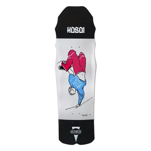 Hosoi Team: Handplant Series Christian skateboard deck: Loose line drawing of a skater in a red trousers and blue top performing a handplant, upside down on a white central panel, with black nose and tail sections carrying the Hosoi logo and a small signature.