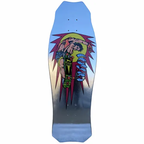 Hosoi Rocket Air Silver Foil skateboard deck: Illustration of a skater grabbing a green board in a mid-air handplant-style pose, in front of a yellow sun and magenta spiked burst, with stylised blue lettering beside it. Mirror silver foil base and old-school shape.