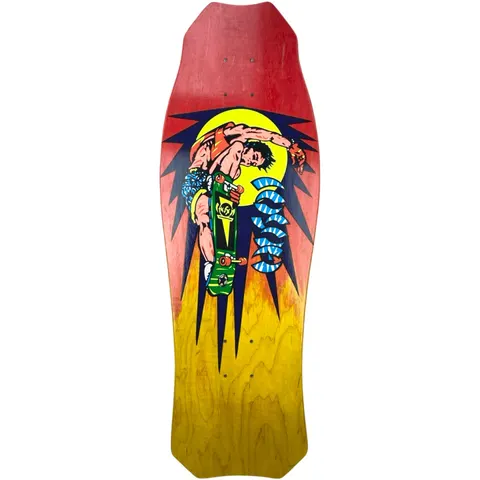 Hosoi Rocket Air Two-Tone skateboard deck: Skater in a handplant, upside down on a green board, in front of a yellow sun with navy spikes radiating outward, beside blue-outlined wave-like lettering. Deck is stained red fading to natural yellow, with a shaped old-school outline.