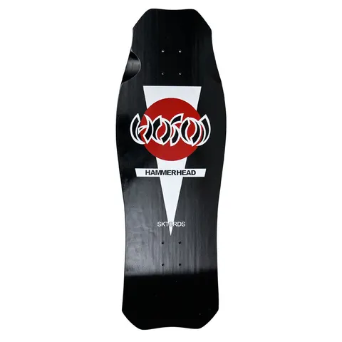 Hosoi Og Hammerhead skateboard deck: A white downward-pointing triangle with a red circle and a white outlined Hosoi logo, with the word Hammerhead beneath, on a black hammerhead-shaped deck. Small Sktbrds text sits lower down.