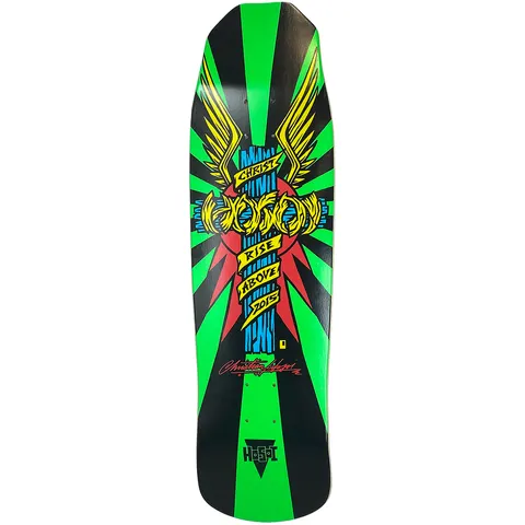 Hosoi Wings Art By John Lucero skateboard deck: A winged cross wrapped in a banner reading Christ Rise Above 2015, with sunburst rays in neon green, red and black. Red signature and a small triangular logo sit near the bottom.