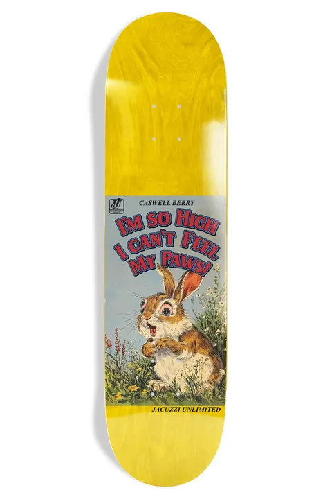 Jacuzzi Caswell Berry Storybook Ex7 skateboard deck: A vintage children's storybook cover painting of a wide-eyed rabbit among wildflowers, with a red slogan above, printed as a panel on a yellow stained deck.