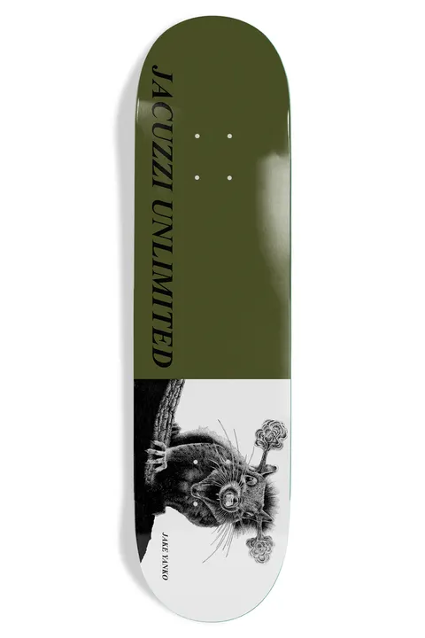 Jacuzzi Jake Yanko Rabid skateboard deck: Split design with an olive green top carrying vertical Jacuzzi Unlimited lettering and a white lower section showing a black and white drawing of a squirrel with a flower-like growth on its head, with Jake Yanko in small type.