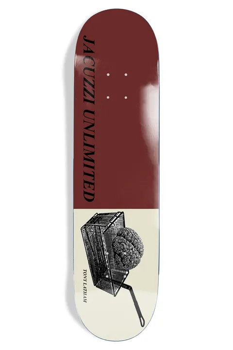 Jacuzzi Tony Latham Deep Fried skateboard deck: Two-tone deck, maroon above and cream below, with vertical serif lettering up the left side and a black-and-white engraving of a fryer basket holding a brain-like lump near the tail.