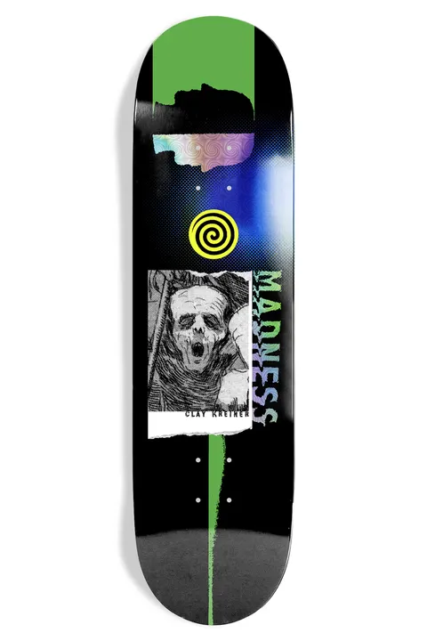 Madness Clay Kreiner Howling skateboard deck: Black deck with a collage of a torn engraving of a screaming skeletal figure captioned 'Clay Kreiner', a yellow and black spiral, a holographic torn strip and green paint bars. 'MADNESS' runs vertically in iridescent lettering.