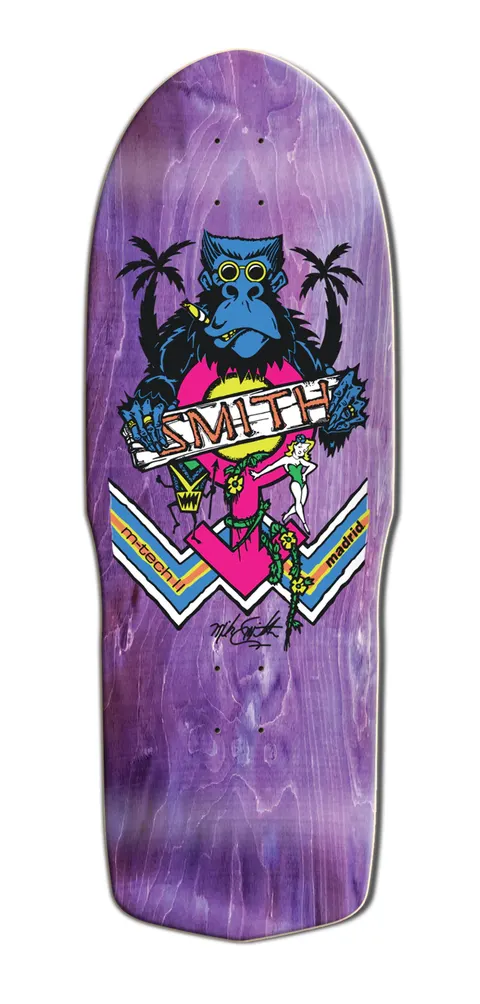 Madrid Mike Smith Ape Purple Stain Ultra skateboard deck: Old-school shaped deck showing a blue gorilla in sunglasses smoking, between two palm trees and holding a 'Smith' banner, with a pin-up woman in a pink circle and chevron stripes. Signature and Madrid logo included.