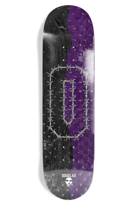 Opera Douglas Big O Ex7 skateboard deck: Large letter O made from barbed wire over a split black and purple background with a faint mosaic texture. Douglas and a small pale face logo at the bottom.