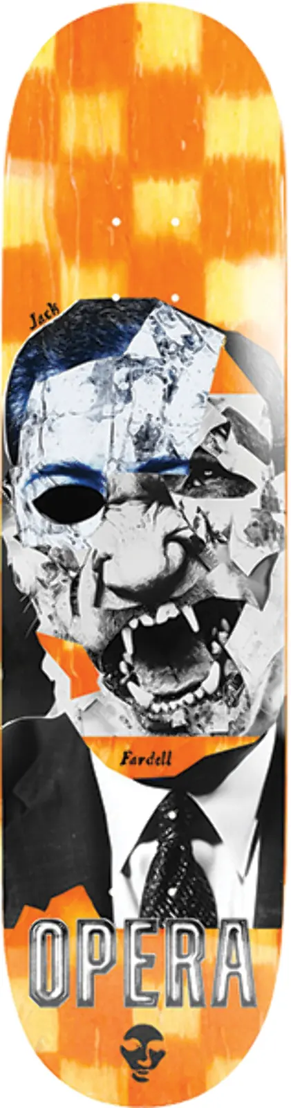 Opera Fardell Politics skateboard deck: A black and white collage portrait of a snarling, fanged figure in a suit and tie with a cut-out blackened eye, set against an orange and yellow check pattern. Brand name in large letters at the tail.