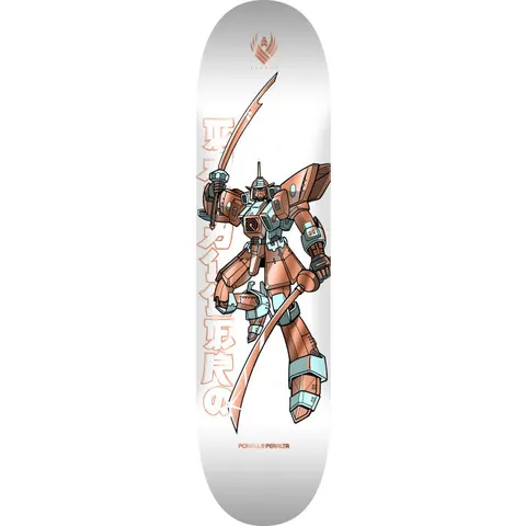Powell Peralta Caballero Gundam Copper Foil skateboard deck: A giant robot in copper foil and pale blue-green holds two curved swords, with large outlined Japanese-style lettering behind it, on a white deck with a small winged emblem at the top.