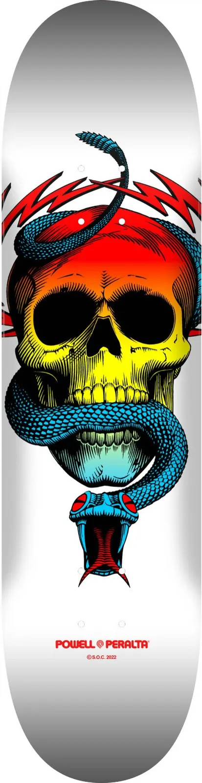 Powell Peralta Mcgill Skull & Snake Yellow Fade White skateboard deck: A skull entwined by a blue snake with open mouth, with red lightning bolts behind. The skull is filled with a fade from red through yellow, on a white deck.