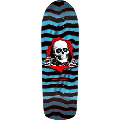 Powell Peralta Os Ripper Aqua Foil skateboard deck: A white skull with blue eyes and skeletal hands rips through a red torn hole in the surface. The background is jagged horizontal wave stripes in black and metallic aqua with red edging, on an old school shaped deck.