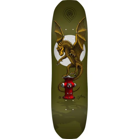 Powell Peralta Andy Anderson Hydrant 7-Ply skateboard deck: A detailed engraved-style dragon with spread wings perches on a red fire hydrant in front of a pale moon, with a faint dragon shadow below. Olive green background with a small circular emblem at the top and a signature.