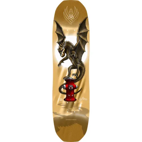 Powell Peralta Andy Anderson Hydrant Gold Flight skateboard deck: A detailed engraved-style dragon with spread wings perches on a red fire hydrant in front of a white moon, with a faint dragon shadow below. Set on a gold background with a small winged emblem at the top and a signature.