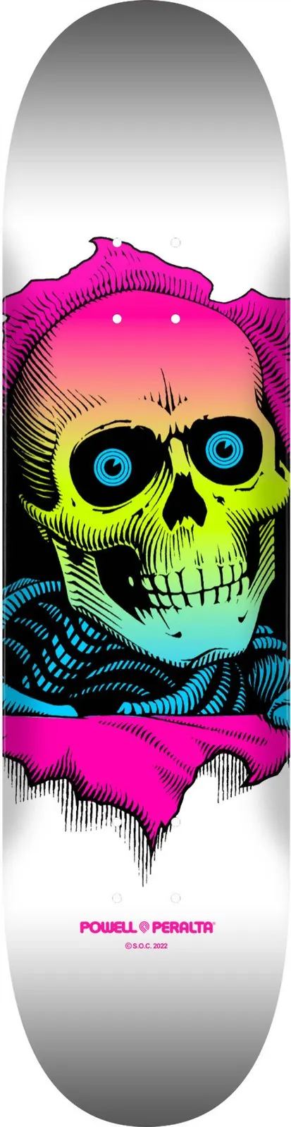 Powell Peralta Ripper Lime Fade White skateboard deck: A large skull with blue eyes bursts through a torn hole, with skeletal ribs below. The skull is filled with a neon fade from pink through yellow-green to blue, with black linework, on a white deck.