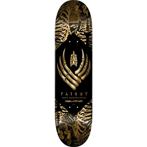 Powell Peralta Skeleton Gold Foil Flight skateboard deck: A skeletal bone-hand winged emblem in gold foil sits inside a black diamond, with a collage of ribcages and skulls in gold on black filling the corners. Flight text and Powell Peralta lettering run below.