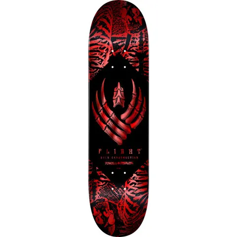 Powell Peralta Skeleton Red Foil Flight skateboard deck: A skeletal bone-hand winged emblem in red foil sits inside a black diamond, with a collage of ribcages and skulls in red on black filling the corners. Flight text and Powell Peralta lettering run below.