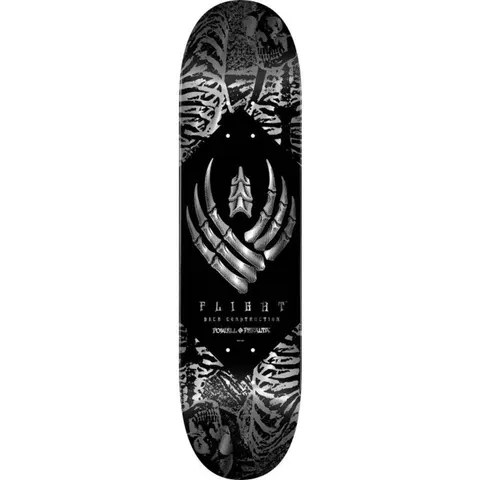 Powell Peralta Skeleton Silver Foil Flight skateboard deck: A skeletal bone-hand winged emblem in silver foil sits inside a black diamond, with a collage of ribcages and skulls in silver on black filling the corners. Flight text and Powell Peralta lettering run below.