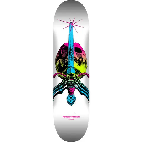 Powell Peralta Skull & Sword Lime Fade White skateboard deck: A skull pierced vertically by a sword with a sparkling tip, gripped by skeletal hands at the hilt. Neon fade colours of pink, lime and cyan are used on a white deck.