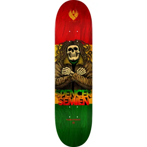 Powell Peralta Spencer Semien Dreads Flight skateboard deck: A skeleton with dreadlocks and a brown jacket stands with arms crossed against a gold band. The deck is split into red, gold and green stripes, with the rider's name in fading gradient letters.