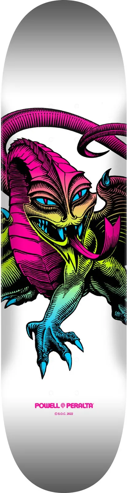 Powell Peralta Steve Caballero Dragon Lime Fade White skateboard deck: A horned, clawed dragon-like creature with a curling tail and tongue out, drawn in black line with a neon fade from pink through lime to cyan, on a white deck.