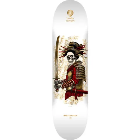Powell Peralta Yosozumi Onna-Bugeisha White skateboard deck: A skeleton warrior in red and gold samurai armour with a geisha-style hairdo holds a katana upright, surrounded by gold cherry blossom outlines on a white deck.