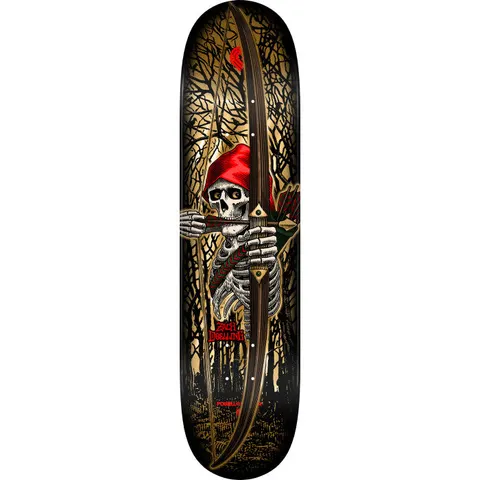 Powell Peralta Zach Doelling Archer Mini skateboard deck: A skeleton in a red hood draws a longbow with arrows, set among bare black trees on a golden woodland background. The rider's name is in red lettering near the bottom.