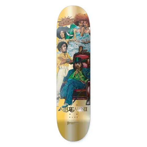 Primitive x Outkast Aquemini skateboard deck: Painted portraits of two men in 1970s style clothes, one seated in a throne in a green hat and blue pinstripe suit, with women and a wave of water behind, on a gold foil deck. OUTKAST and AQUEMINI lettering.