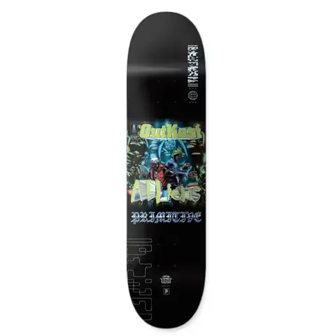 Primitive x Outkast ATLiens skateboard deck: The OutKast 'ATLiens' album cover artwork is set as a square panel in the middle of a black deck, with Primitive gothic lettering beneath it and small logos and stylised text elsewhere.