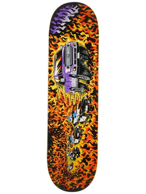 Real Hause Pig Run skateboard deck: Purple and black pickup truck bursting through a wall of orange and yellow flames, pursued by a line of police cars, in a bold comic-book style.