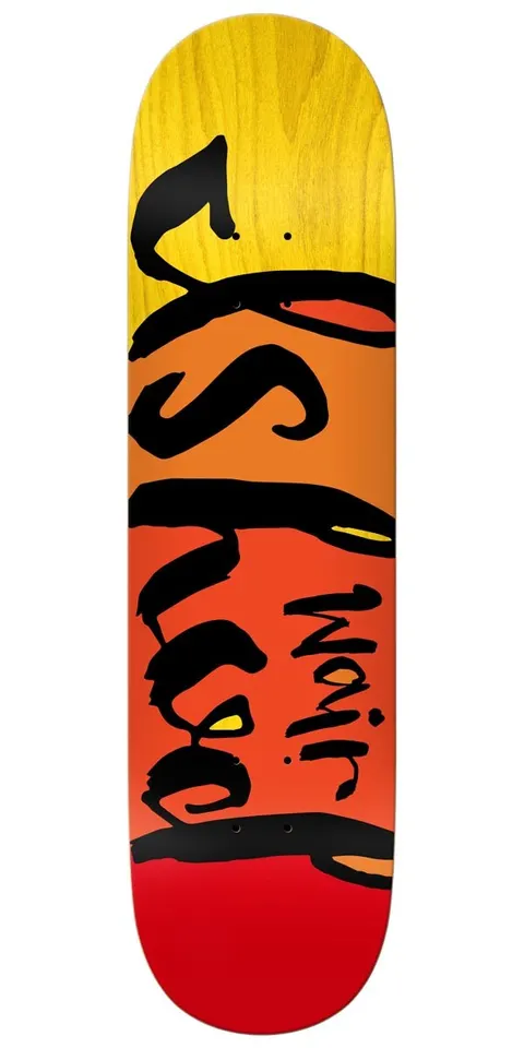 Real Ishod Script skateboard deck: Large black brush-script lettering spelling the rider's name over a yellow-to-red gradient, with part of the name rotated and written on the side. The yellow wood grain shows at the nose.