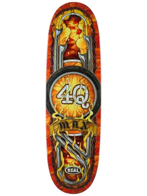 Real Max 4Q Cathedral skateboard deck: Stained-glass style design in oranges and yellows on an oval shaped deck: a central wheel with '4Q' in chrome letters, a banner reading MAX, and silver exhaust pipes and chain with flames above and below. Real logo at tail.