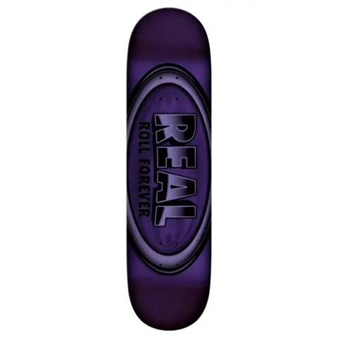 Real Oval Purple Dbx skateboard deck: Large Real oval logo with 'Roll Forever' text in dark purple tones, on a purple deck.