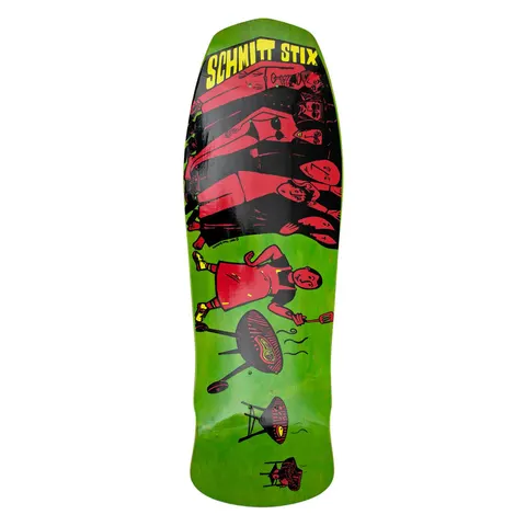 Schmitt Stix Joe Lopes Bbq Modern Concave skateboard deck: Green old-school shaped deck with a red and black illustration of a man in an apron grilling at a barbecue, with more barbecues receding below. A row of people in red and black lie stacked above. Yellow Schmitt Stix logo at the top.