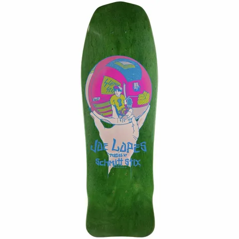 Schmitt Stix Joe Lopes Crystal Ball Modern Concave skateboard deck: A hand holds up a crystal ball in pink and blue, reflecting a young man in sunglasses and a yellow top sitting in a room. Rider name and maker credit in blue lettering beneath, on a green-stained shaped deck.