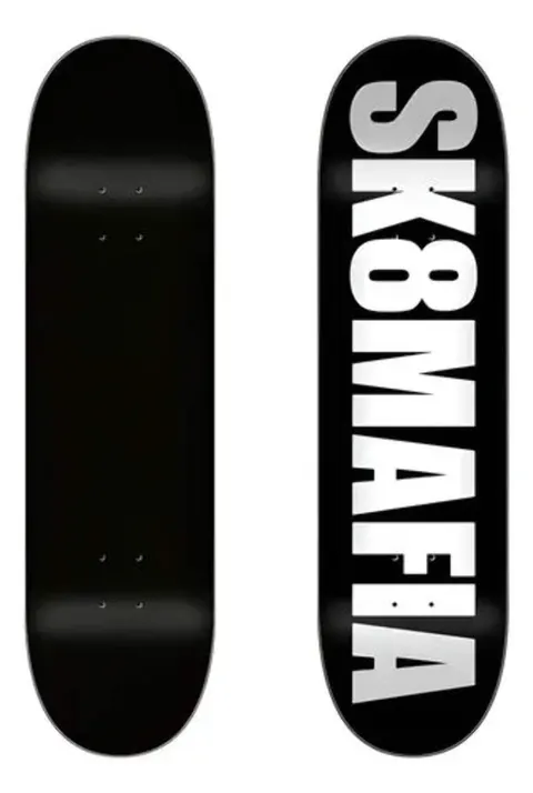 Sk8Mafia Og Logo skateboard deck: Black deck with the brand name in large bold silver-white capitals running down the length. The reverse face is plain black.