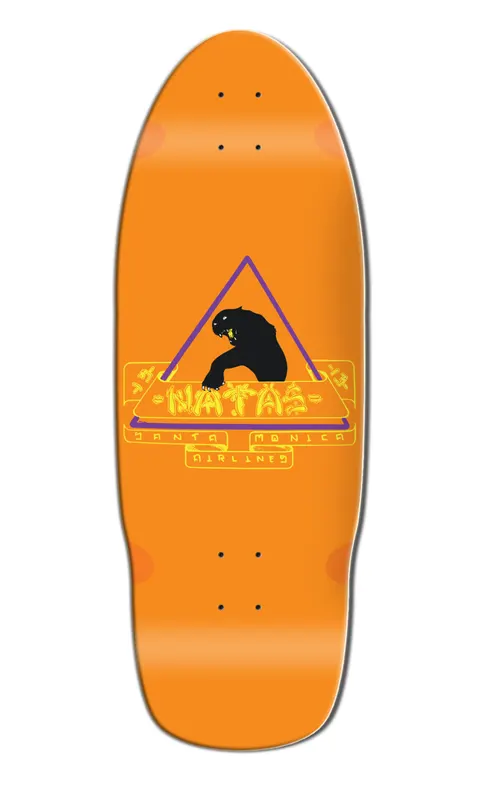 Santa Monica Airlines Natas Kaupas 1st Edition Panther Orange skateboard deck: Black panther crouching in a purple triangle, framed by a yellow hand-drawn banner reading Natas and Santa Monica Airlines, on a plain orange old-school shaped deck.