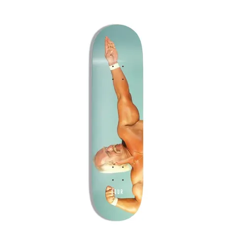 Sour Solution Hulk Shortie skateboard deck: Photographic image of a muscular, blond-haired, tanned man in a white wristband with one arm raised diagonally across the deck, against a pale teal background. Small SOUR text near the tail.