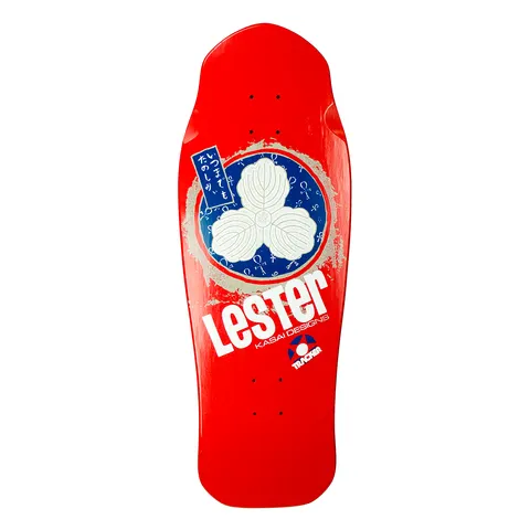 Tracker Lester Kasai Oak Leaf skateboard deck: Red old school deck with a round navy and silver panel holding a white three-leaf crest, with a Japanese-text label above. Lester in large white letters, Kasai Designs beneath, and a small Tracker logo.