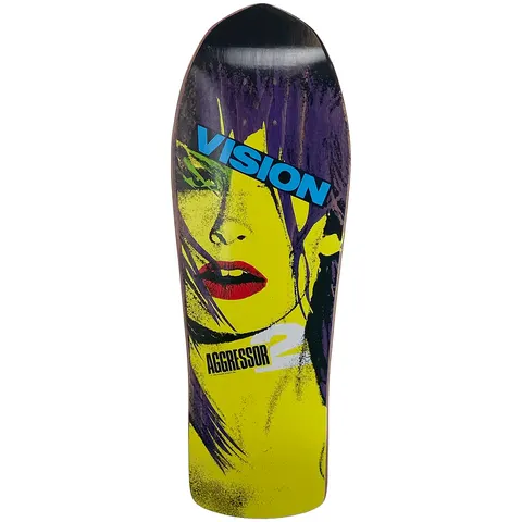 Vision Street Wear Aggressor 2 Modern Concave skateboard deck: Old-school shape with a high-contrast yellow screenprint of a woman's face with red lips, green eye and purple hair. A blue VISION logo crosses her eyes and AGGRESSOR 2 is printed near the bottom.
