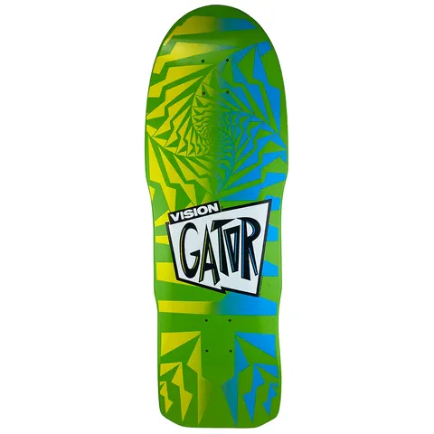 Vision Street Wear Gator II Modern Concave skateboard deck: Green old-school shape with a tunnel of jagged yellow and blue geometric shards spiralling towards the nose. A white angular 'Vision Gator' logo box sits in the middle.