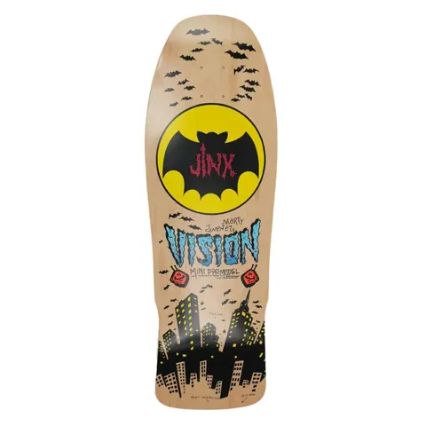 Vision Street Wear Jinx Mini Modern Concave skateboard deck: Natural wood old-school deck with a yellow bat-signal style circle containing a black bat and red 'Jinx' lettering, swarms of bats, a night city skyline at the base and blue 'Vision' lettering with Marty Jimenez and 'Mini Pro Model'.